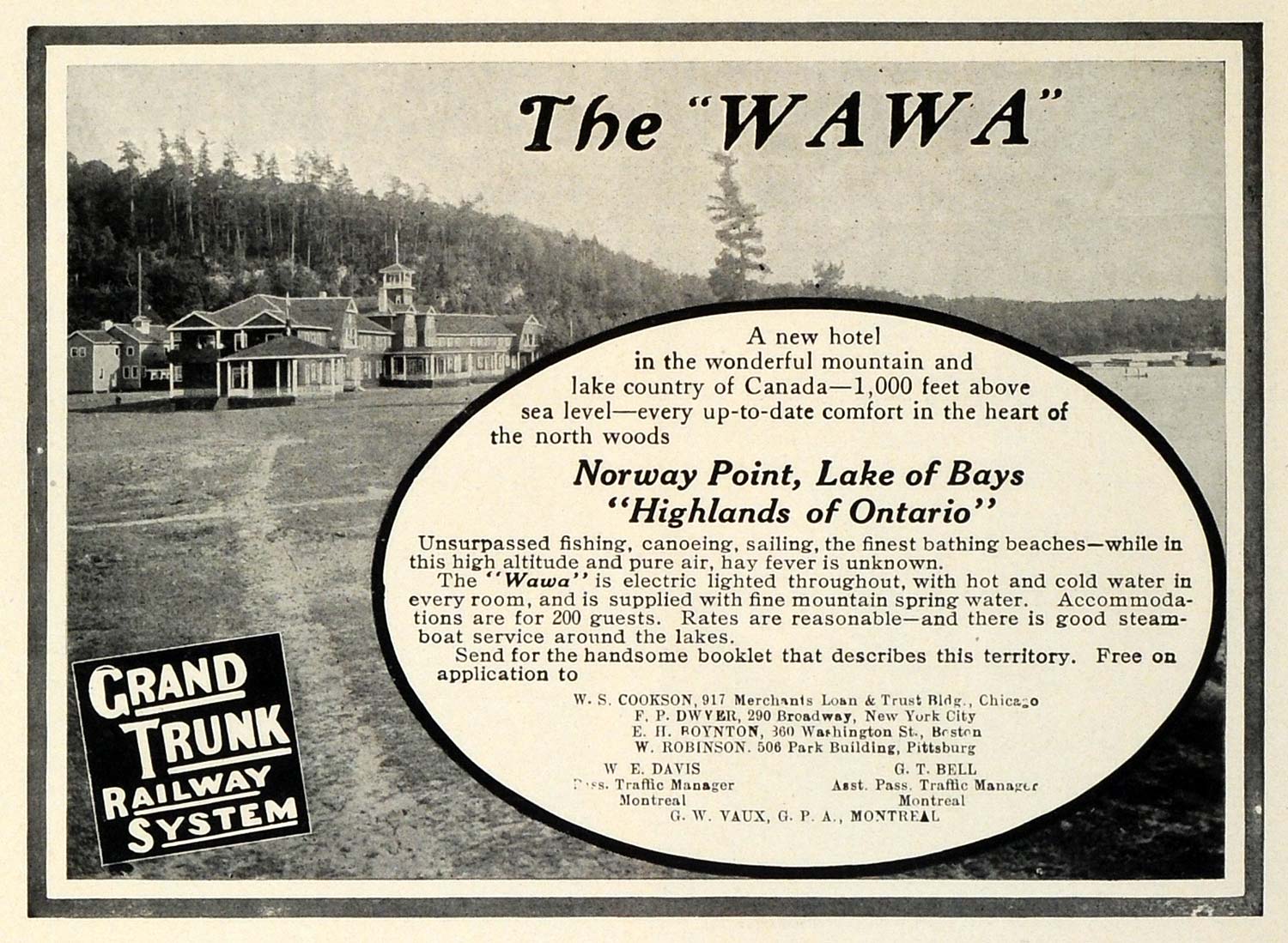 1909 Ad Grand Trunk Railway Wawa Hotel Norway Point Canada Lodging Train TRV1
