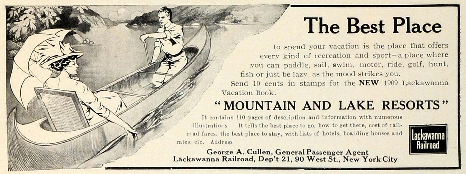 1909 Ad Lackawanna Railroad Train Travel Mountain Lake Resorts George A TRV1