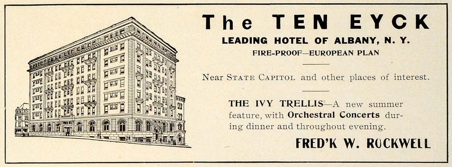1909 Ad Fireproof Ten Eyck Hotel Albany New York Lodging Frederick W TRV1