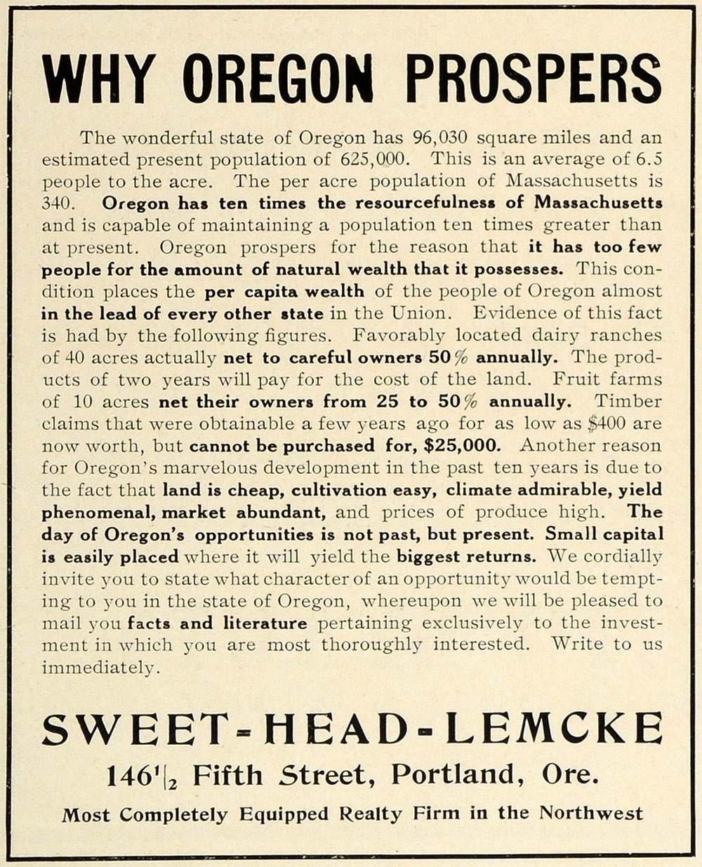 1909 Ad Portland Oregon Residency Agricultural Realty Farming Sweet Head TRV1