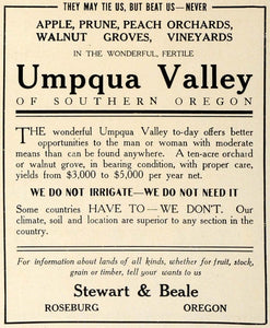 1909 Ad Umpqua Valley Roseburg Oregon Agriculture Farm Realty Stewart Beale TRV1