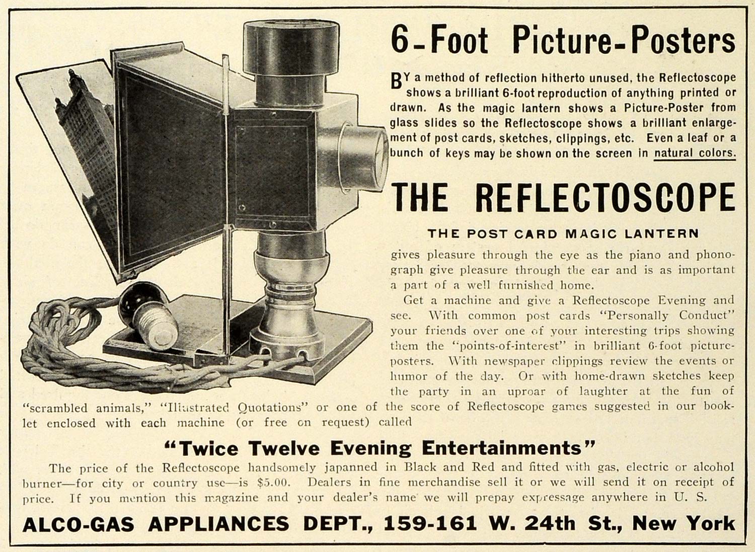 1909 Ad Alco Gas Appliance Reflectoscop Post Card Magic Lantern Slide TRV1