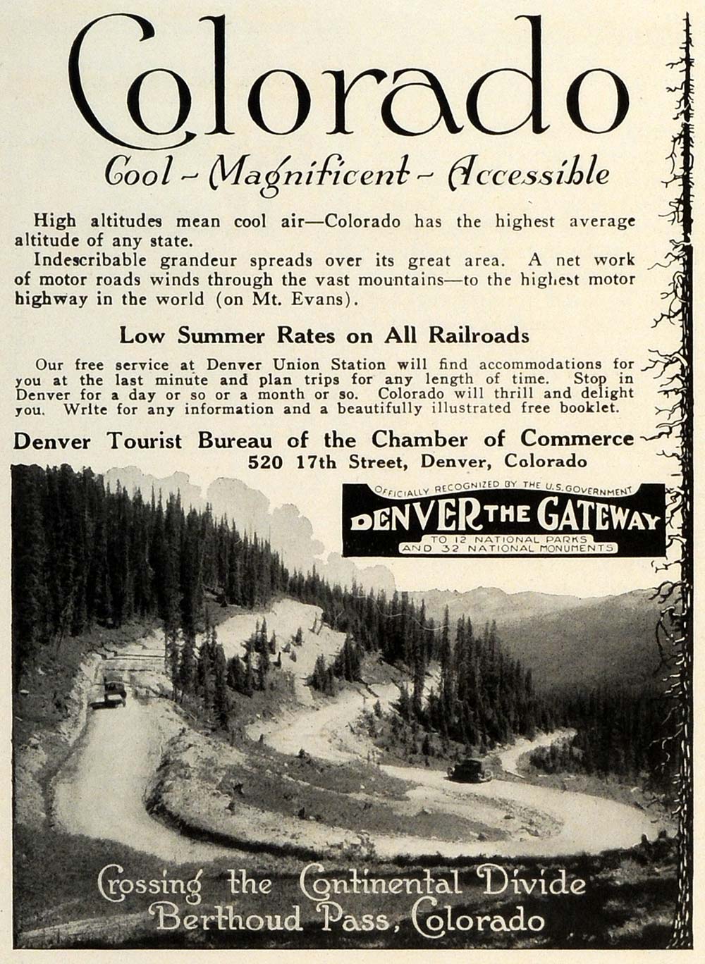 1927 Ad Denver Colorado Chamber Commerce Berthoud Pass Tourism Mt. Evans TRV1