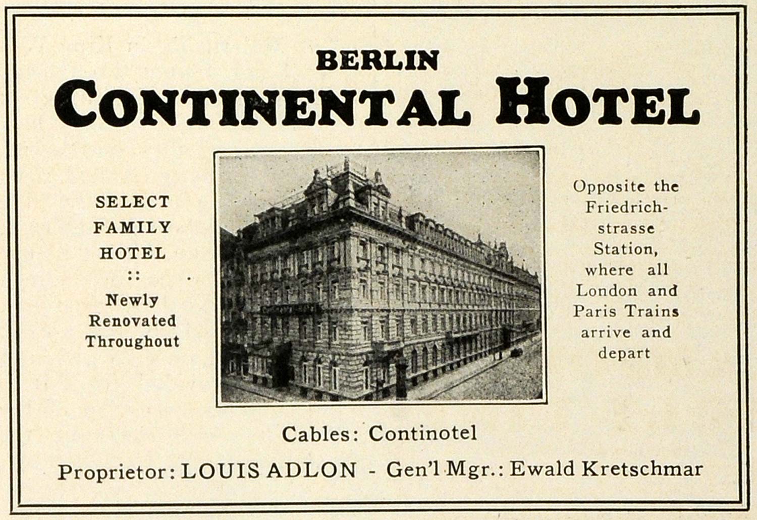 1927 Ad Continental Hotel Berlin Germany Lodging Louis Adlon Ewald TRV1