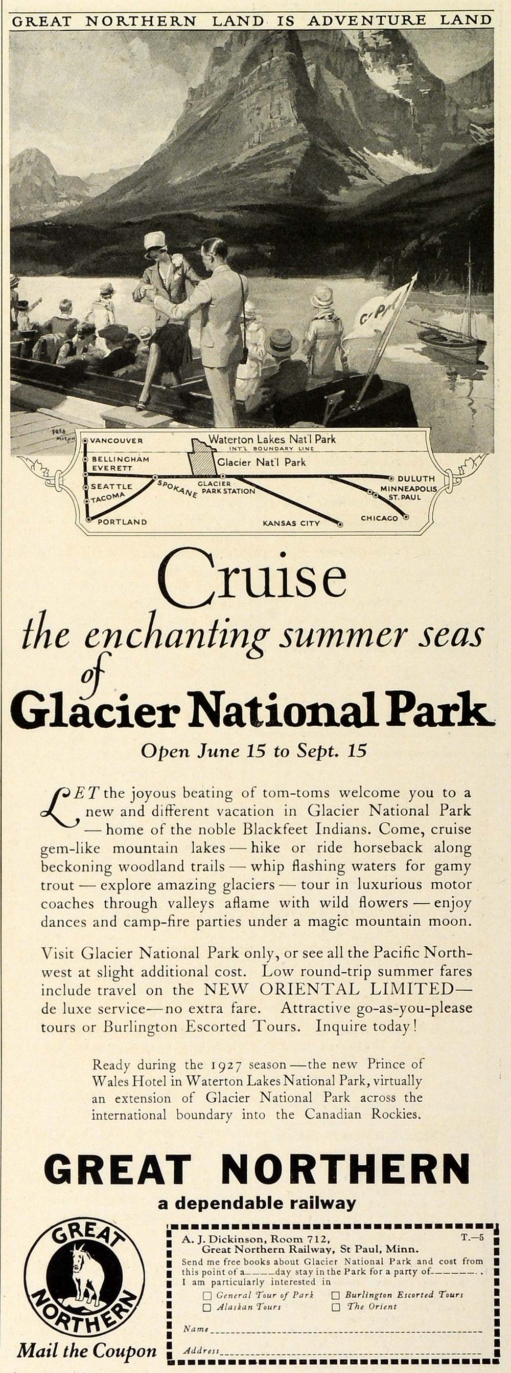 1927 Ad Great Northern Railway Train Route Glacier National Park Tourism TRV1