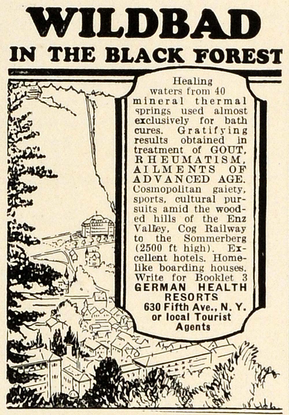 1927 Ad Wildbad Black Forest German Health Resort Hotel Sanitorium TRV1