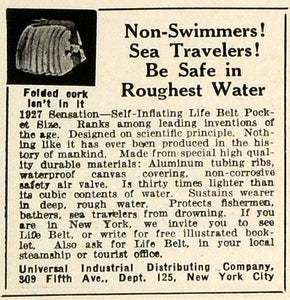 1927 Ad Universal Industrial Self Inflating Life Belt Pocket Size TRV1