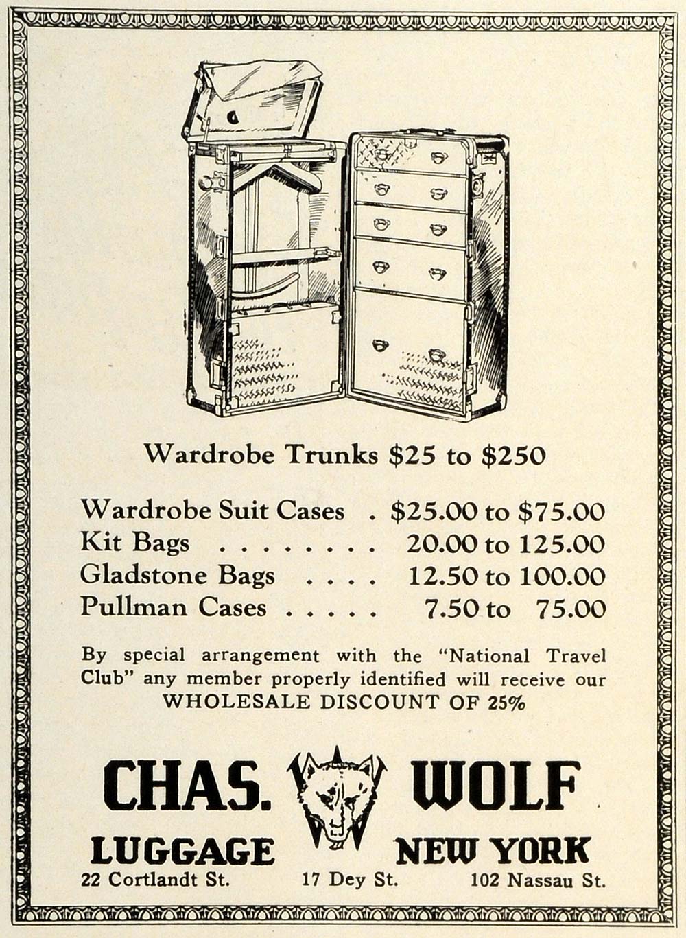 1927 Ad Charles Wolf Luggage Wardrobe Travel Trunks Bag Baggage Suitcase TRV1