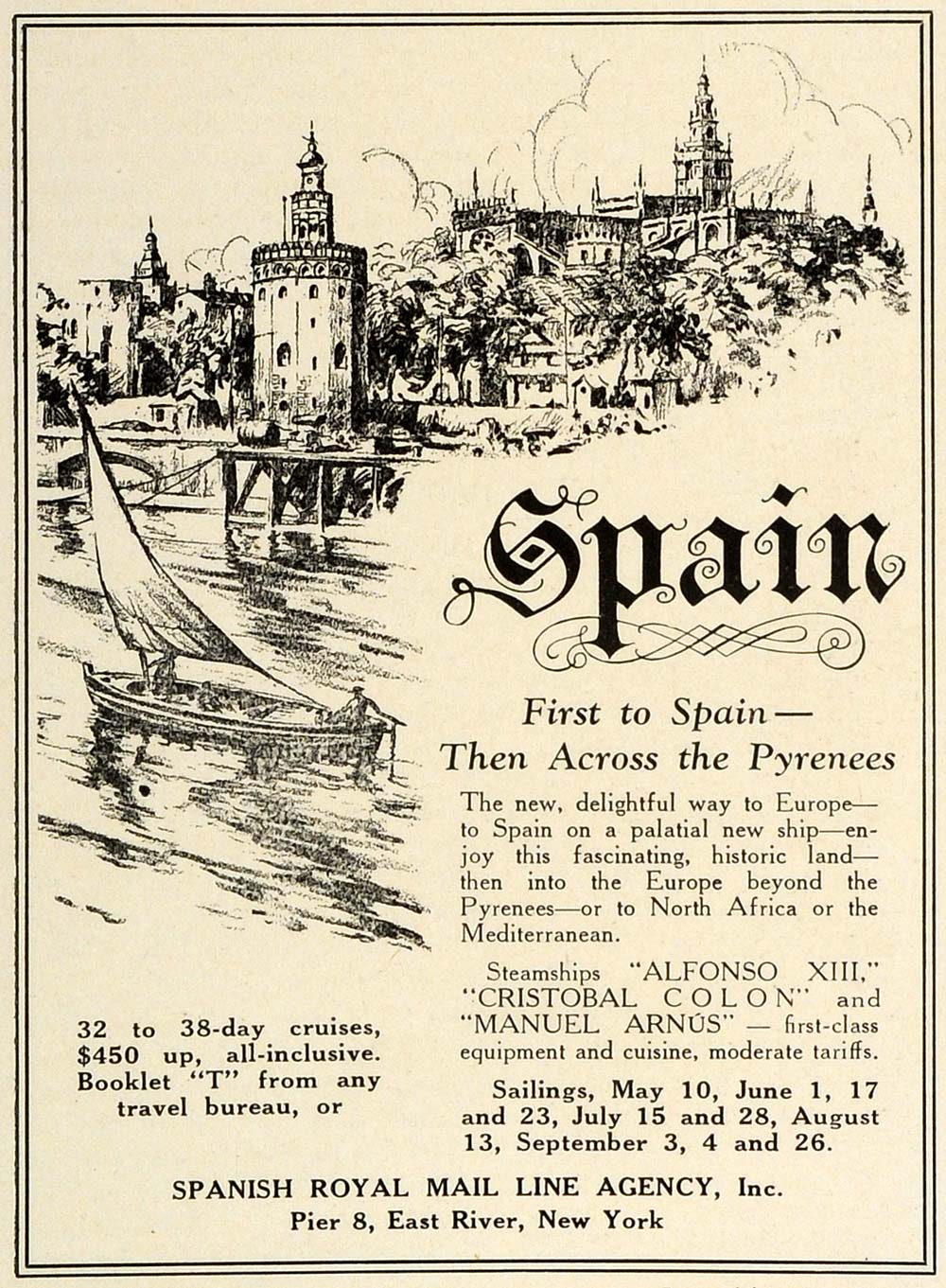 1927 Ad Spanish Royal Mail Line Cruise Steamships Spain Tourism Cristobal TRV1