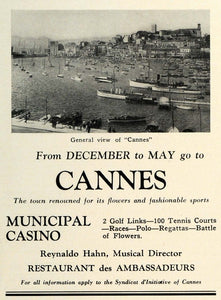 1927 Ad Cannes France Tourism Harbor Yachts Boats Port Recreation Reynaldo TRV1