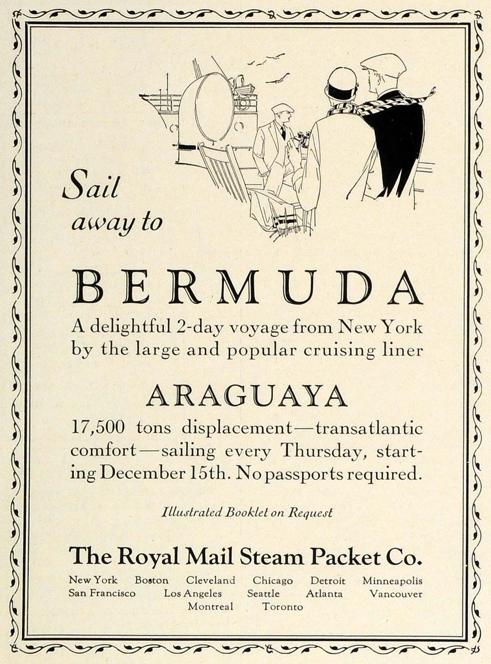 1927 Ad Royal Mail Steam Packet Cruise Line Ships Araguaya Bermuda TRV1