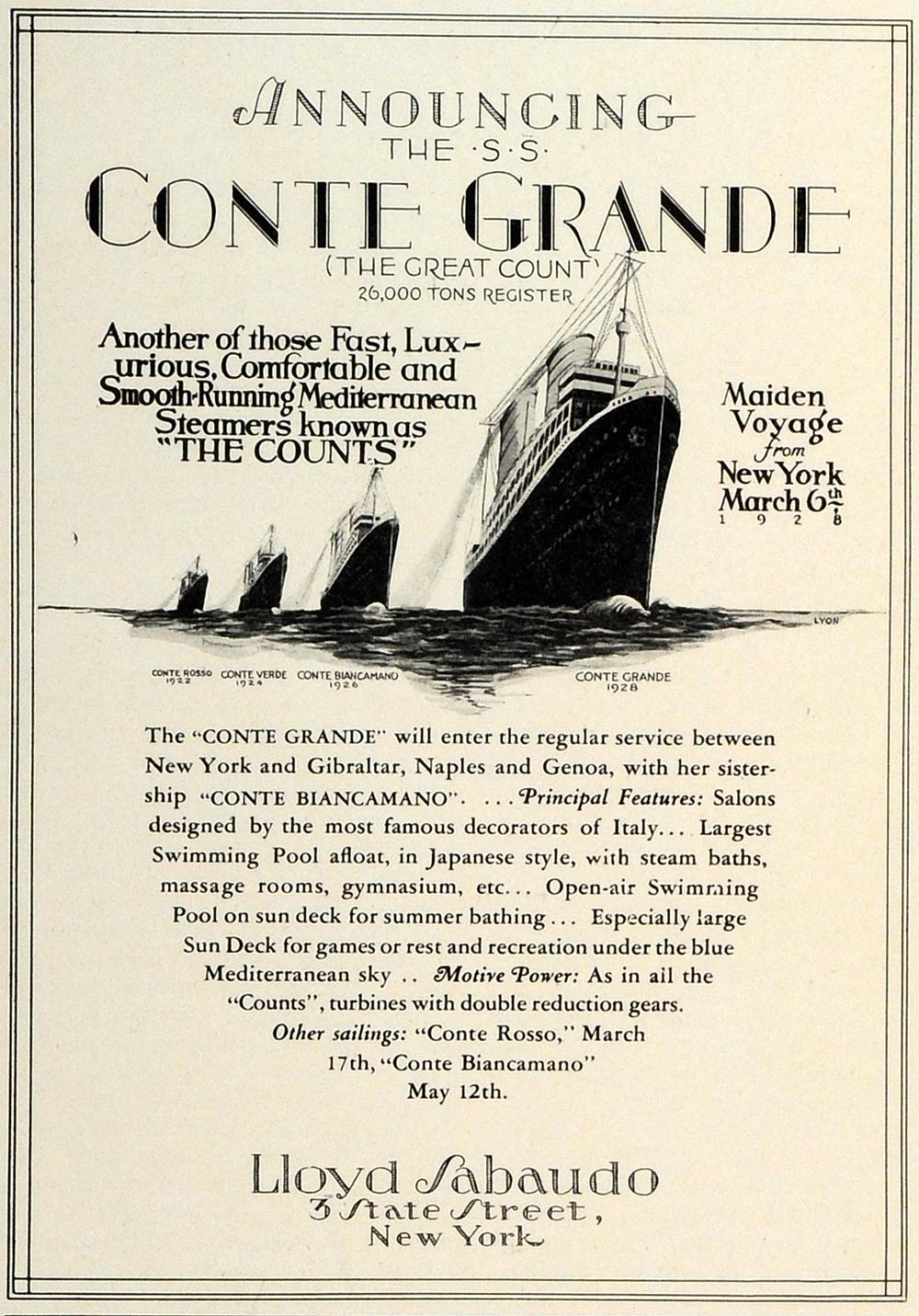 1928 Ad Lloyd Sabaudo Conte Grande Cruise Ships Tourism Conte Biancamano TRV1