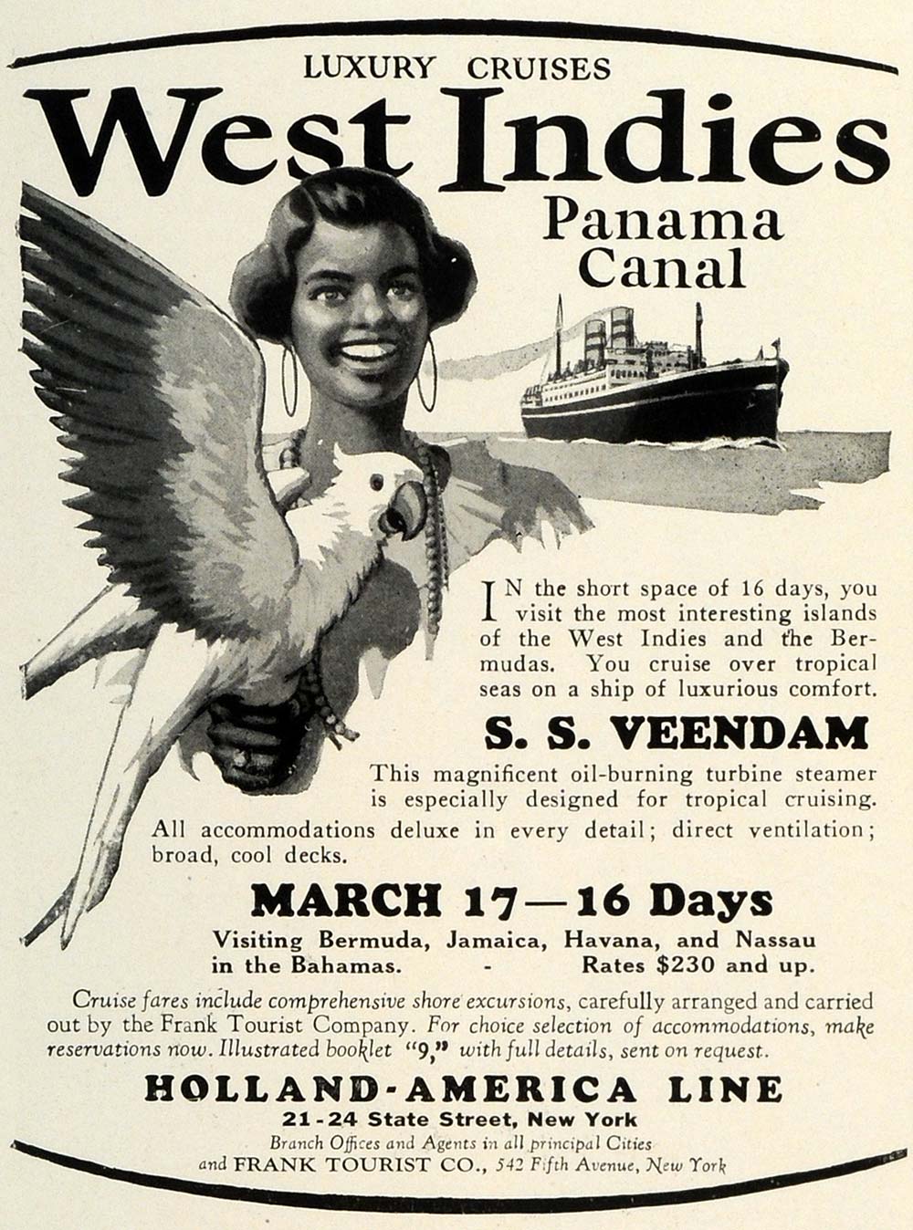 1928 Ad Holland America Cruise Line Panama Canal West Indies Tourism S S TRV1