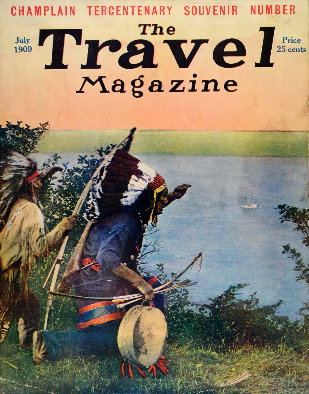 1909 Cover Travel Magazine Native Americans Indians Costume Drum Bow and TRV1