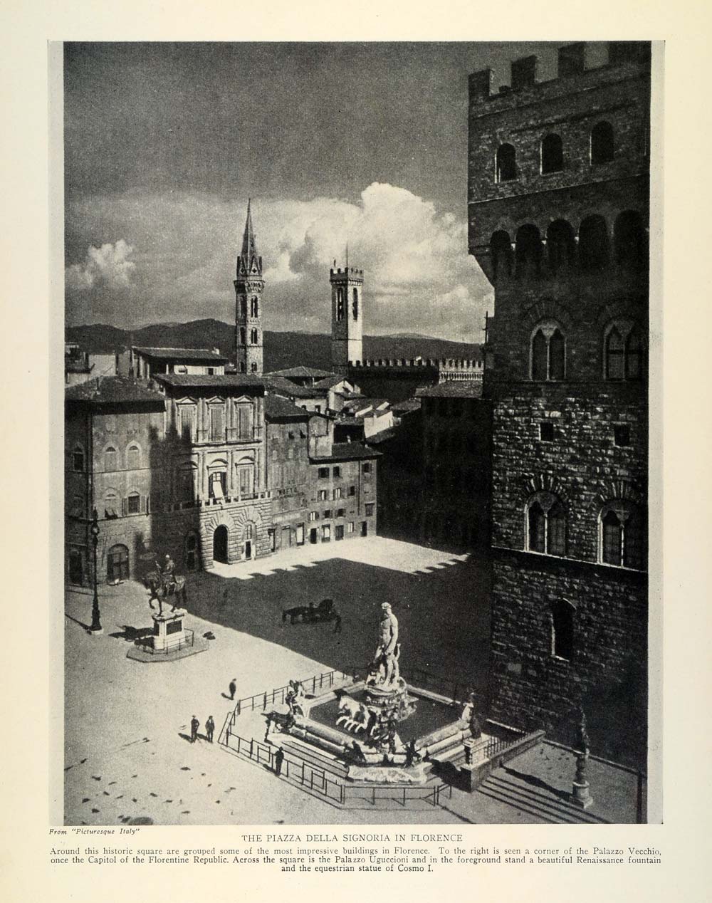 1927 Print Piazza della Signoria Florence Italy Palazzo Vecchio Statues TRV1
