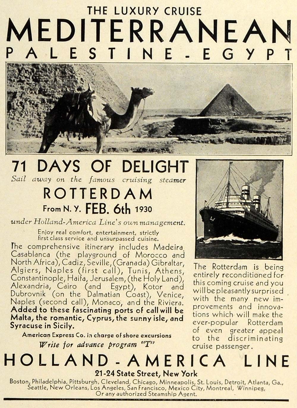 1929 Ad Holland America Mediterranean Cruise Egypt Camel Pyramids Ship TRV1