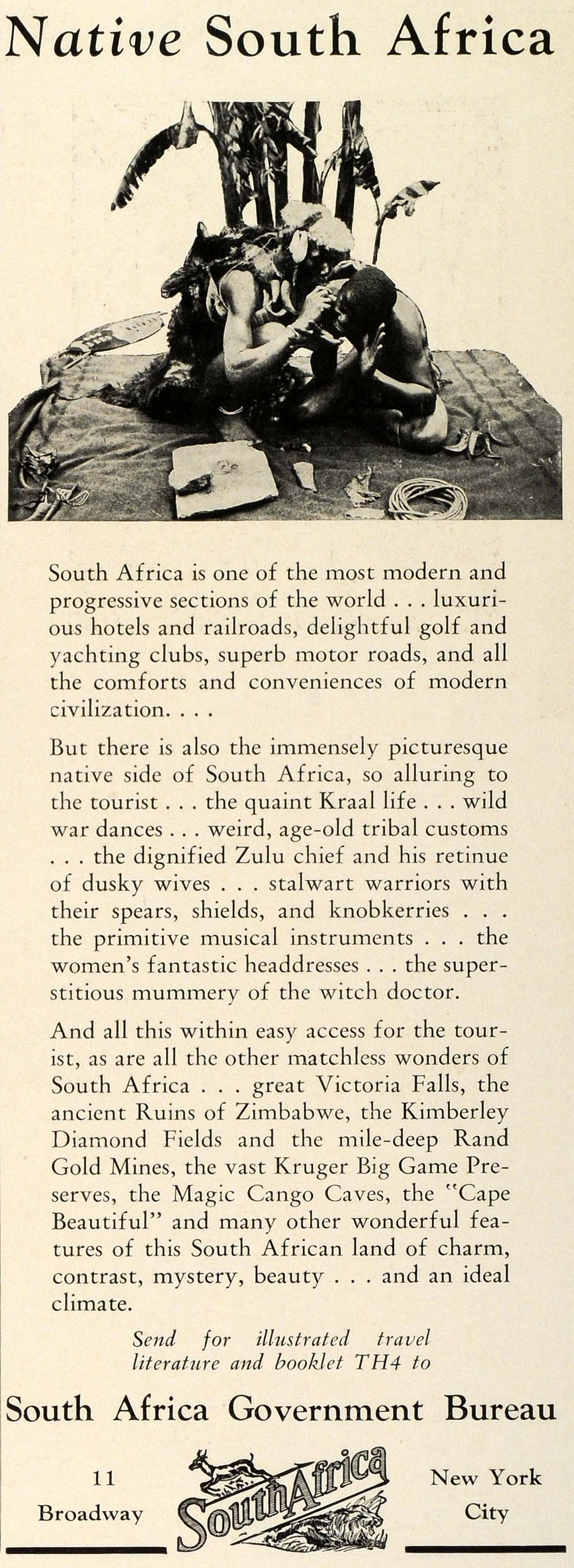 1929 Ad South Africa Tourism Travel Zulu Chief Natives Kraal Victoria Falls TRV1