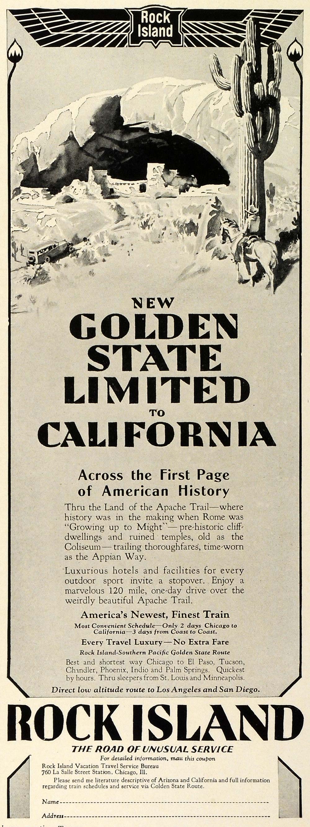 1929 Ad Rock Island Travel Bureau Railway Golden State Train California TRV1