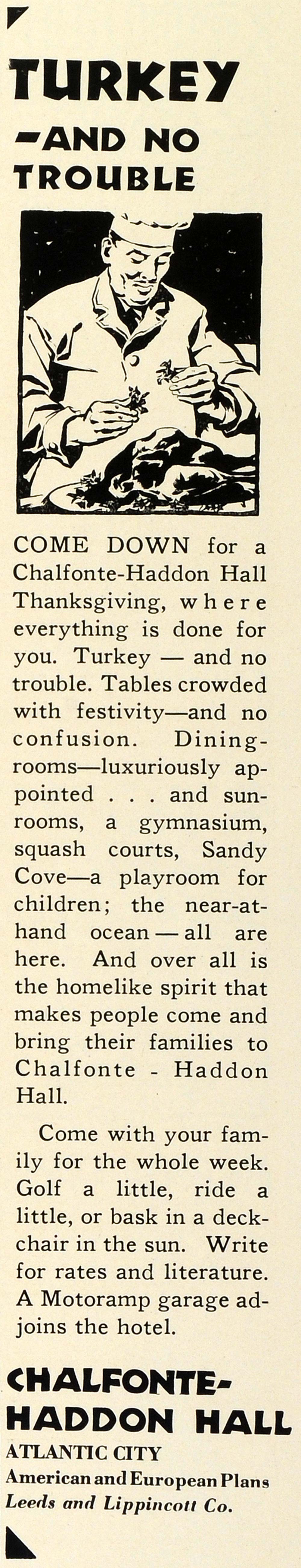 1929 Ad Chalfonte Haddon Hall Thanksgiving Turkey Dinner Atlantic City N TRV1
