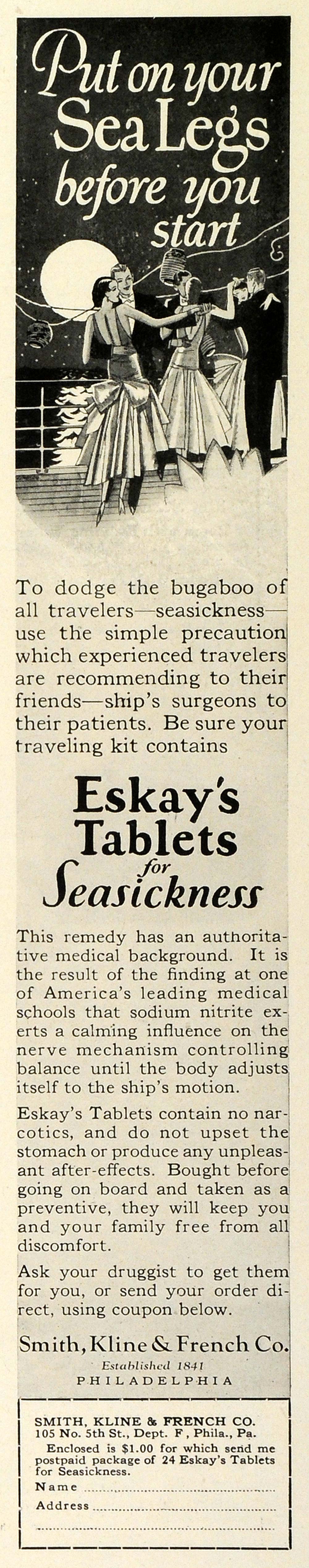 1929 Ad Eskay Seasickness Tablets Smith Kline French Sea Legs Dancing TRV1