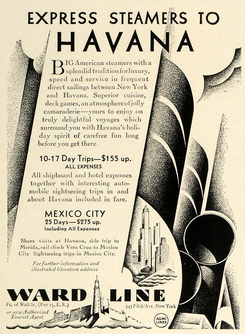 1929 Ad Ward Cruise Steamship Line Havana Cuba Mexico City Merida Vera Cruz TRV1