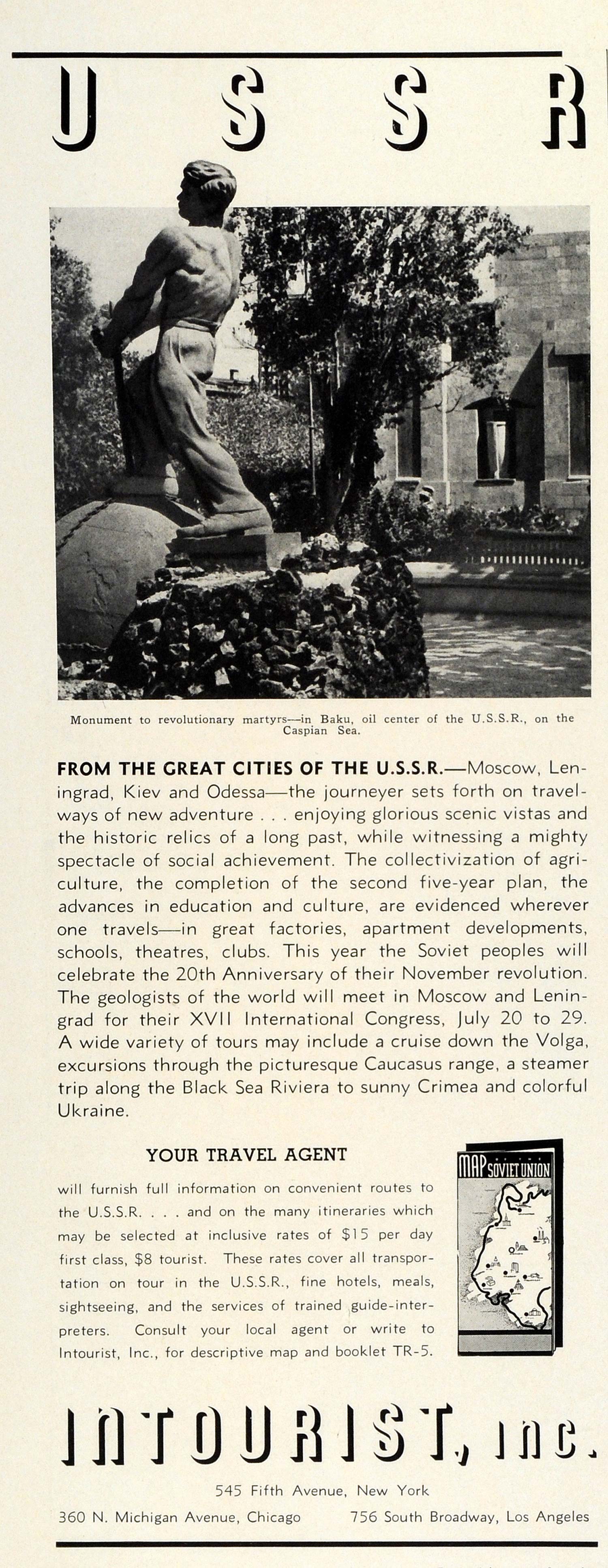 1937 Ad Intourist Inc New York Travel Soviet Union USSR Vacation Monument TRV1