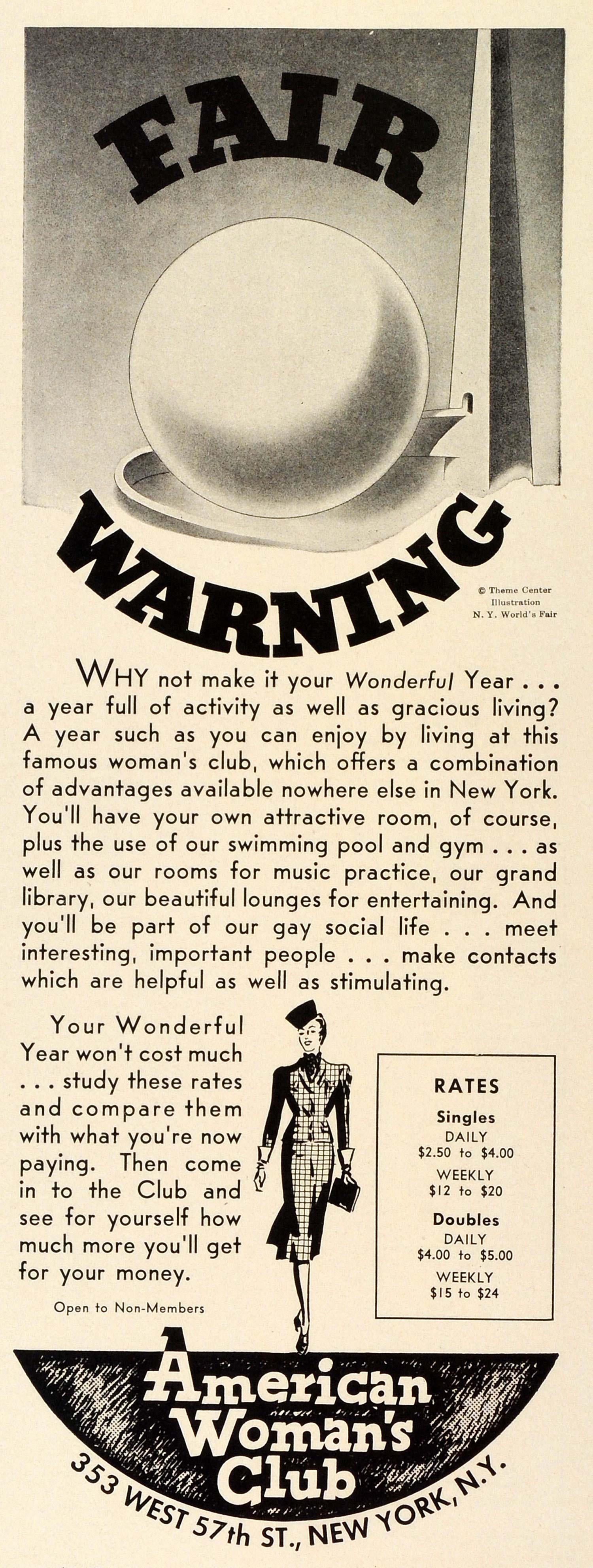 1938 Ad American Woman's Club New York Lounge Room Activities 353 W 57th TRV1