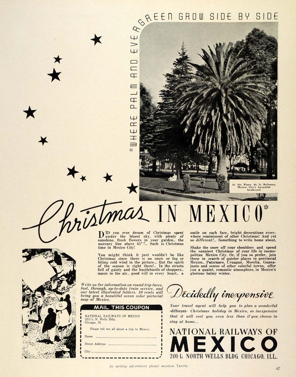 1938 Ad National Railways of Mexico City Travel Christmas Paseo de la TRV2