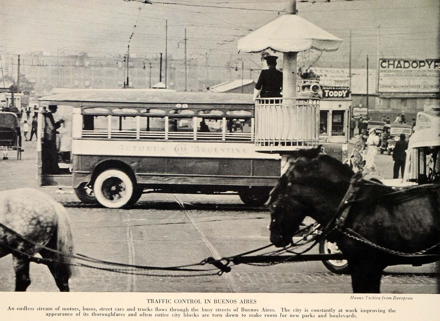 1938 Print Argentina Buenos Aires Street Bus Trolley Cars Horse Carriages TRV2