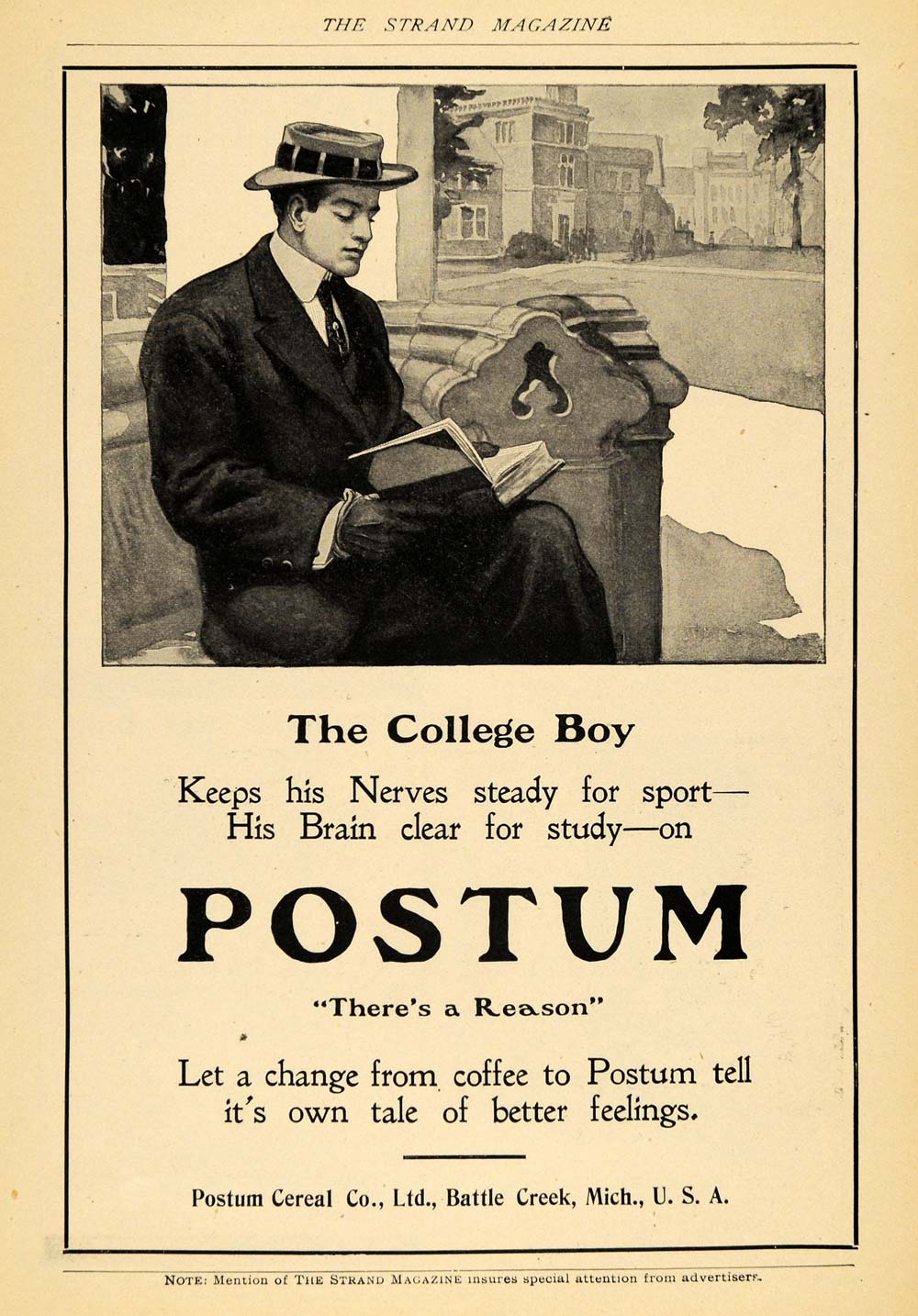 1908 Ad College Boy Clear Brain Postum Cereal Company - ORIGINAL TSM1