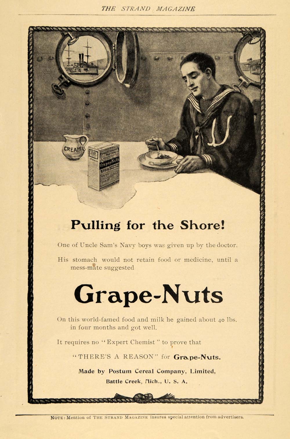 1908 Ad Uncle Sams Navy Boys Grape-Nuts Cereal Post - ORIGINAL ADVERTISING TSM1