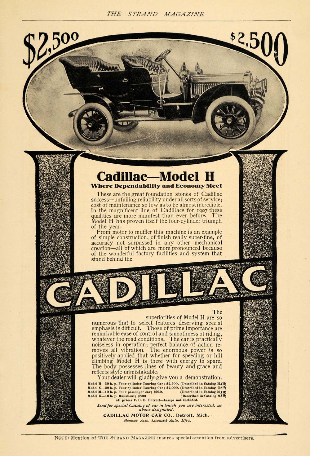 1907 Ad Cadillac Model H 4 Cylinder Touring Motor Car - ORIGINAL TSM1