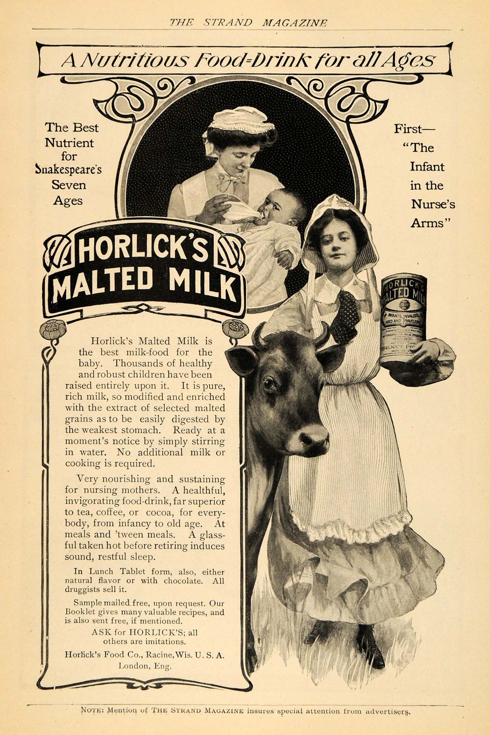 1904 Ad Infant Nurses Arm Horlicks Malted Milk Food Cow - ORIGINAL TSM1