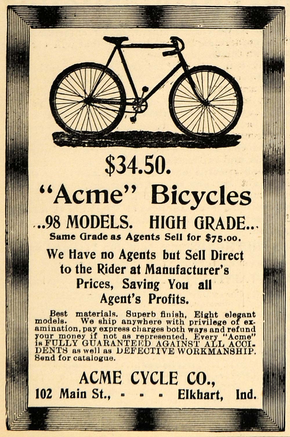 1898 Ad Acme Cycle Company Elkhart Indiana Bicycles - ORIGINAL ADVERTISING TSM1