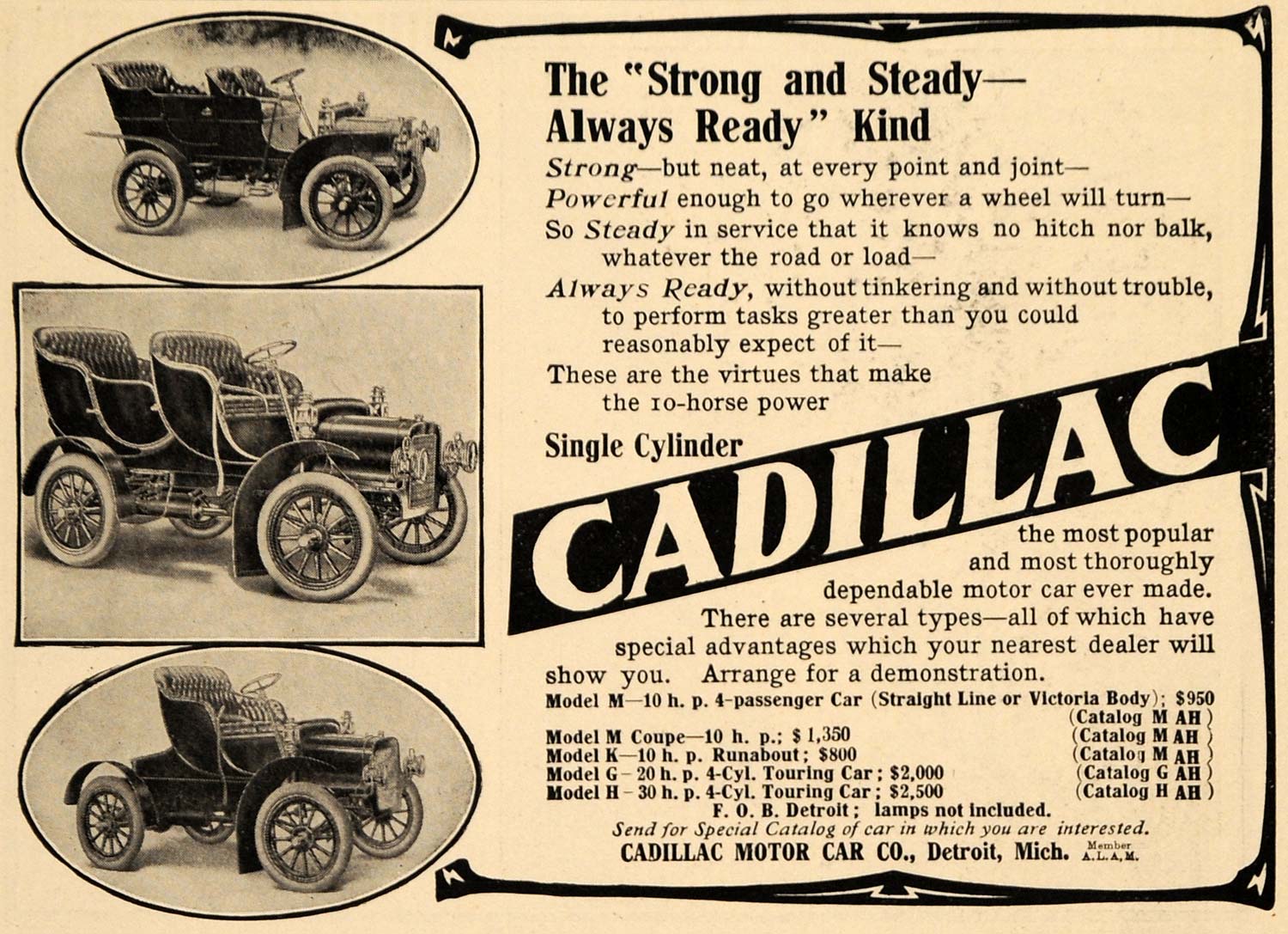 1907 Ad Cadillac Models M K G H Runabout Touring Cars - ORIGINAL TSM1