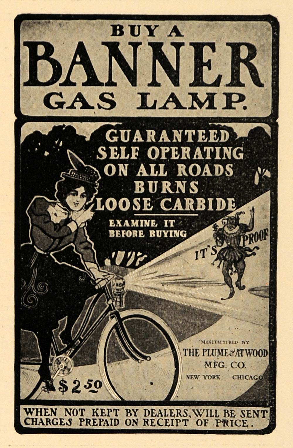 1900 Ad Banner Bike Gas Lamp Plume & Atwood Joker Proof - ORIGINAL TSM1