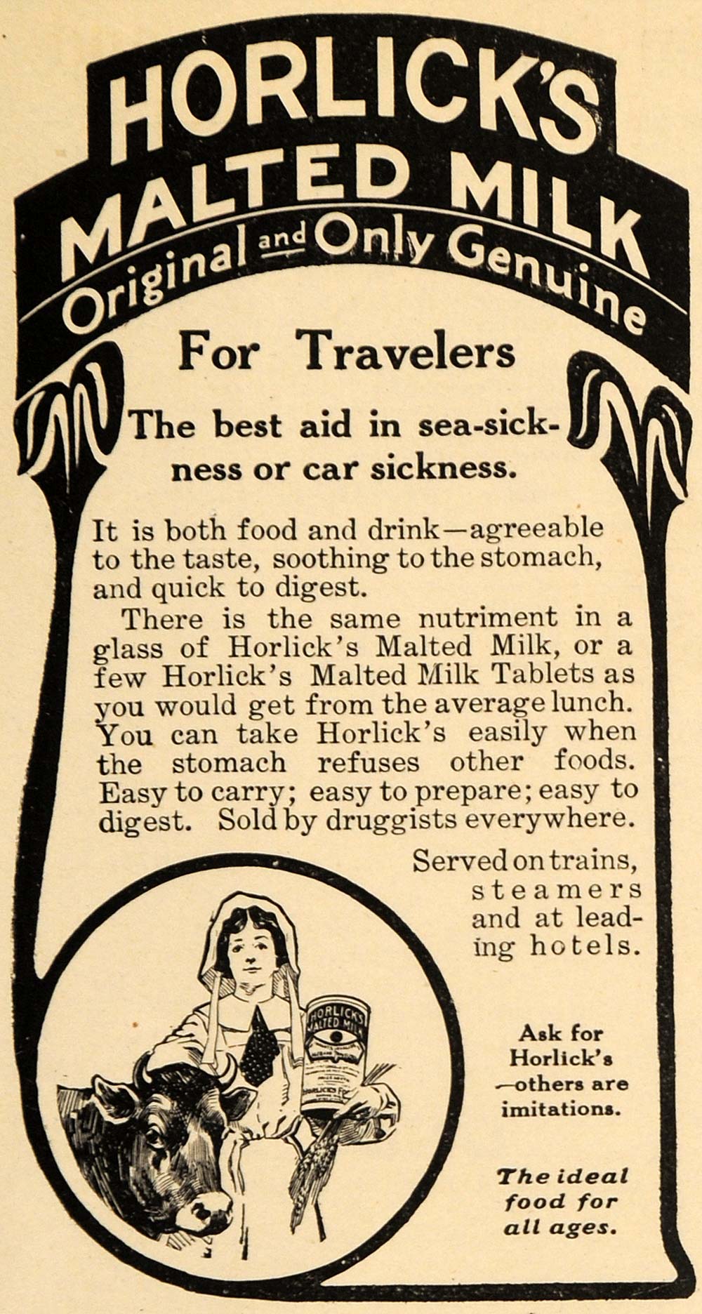 1907 Ad Seasickness Travelers Aid Horlicks Malted Milk - ORIGINAL TSM1