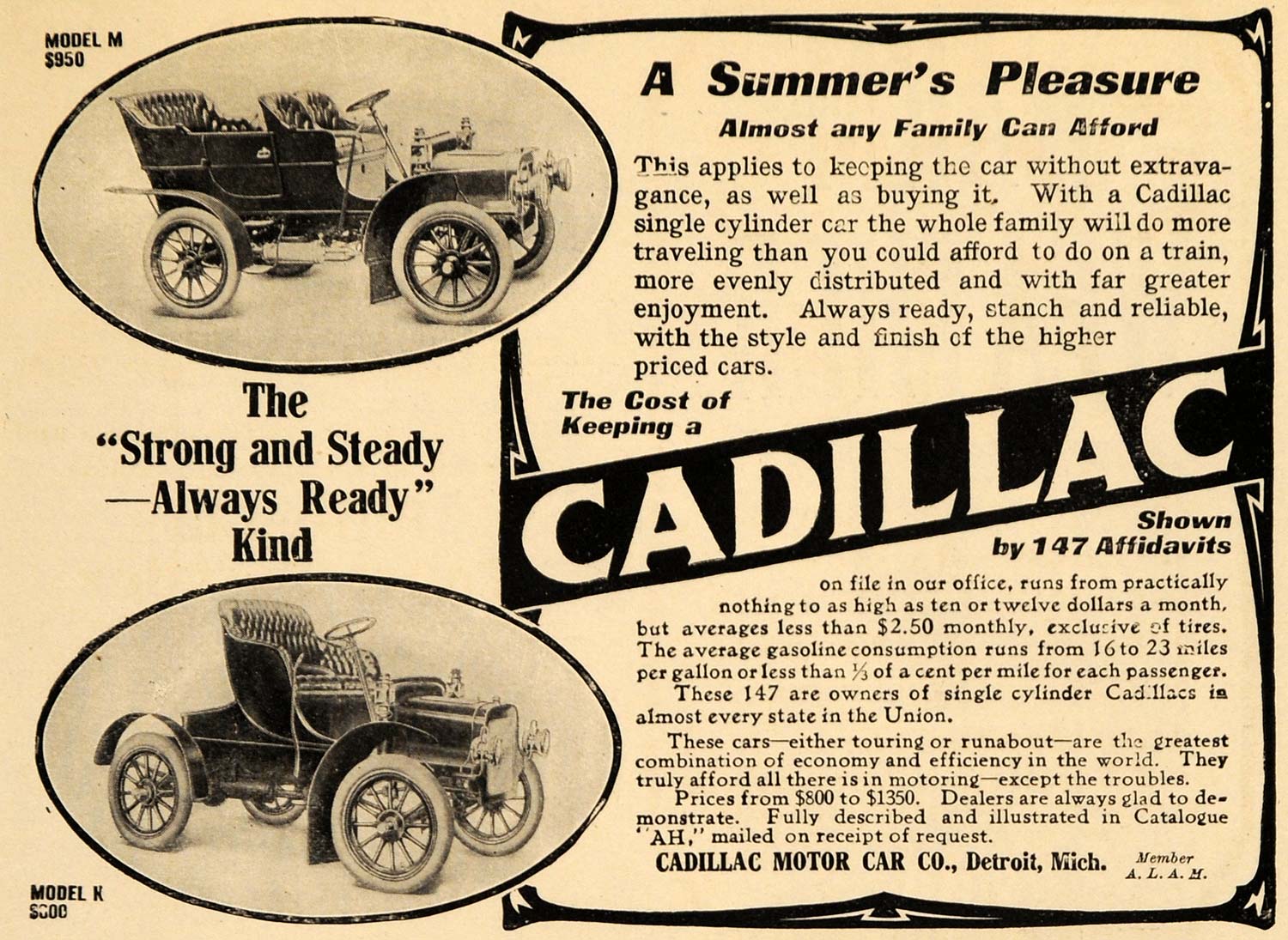 1907 Ad Model M K Cadillac Motor Car 147 Affidavits - ORIGINAL ADVERTISING TSM1