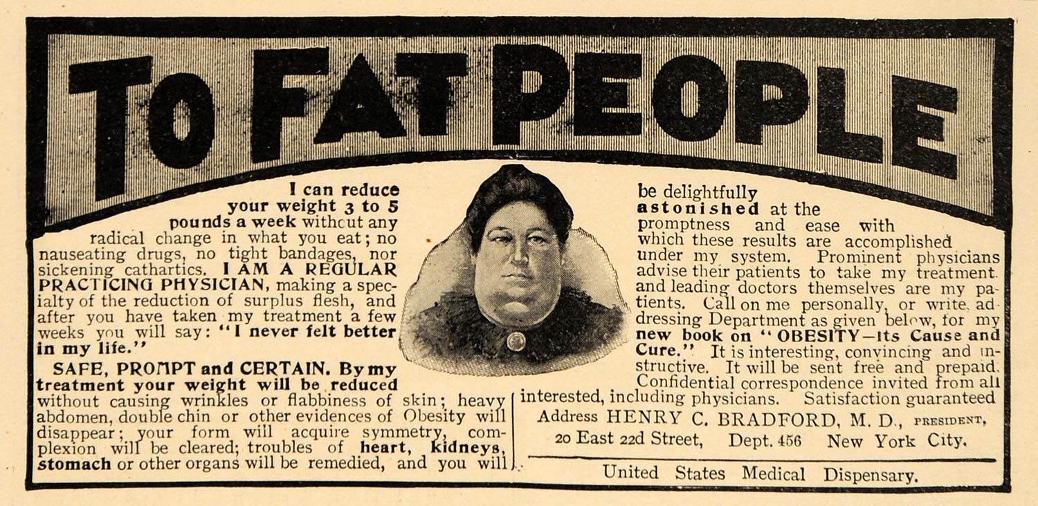 1906 Ad To Fat People Henry C Bradford Weight Treatment - ORIGINAL TSM1