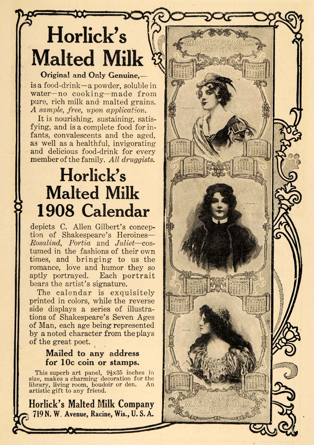 1907 Ad Horlick Malted Milk Company Drink 1908 Calendar - ORIGINAL TSM1