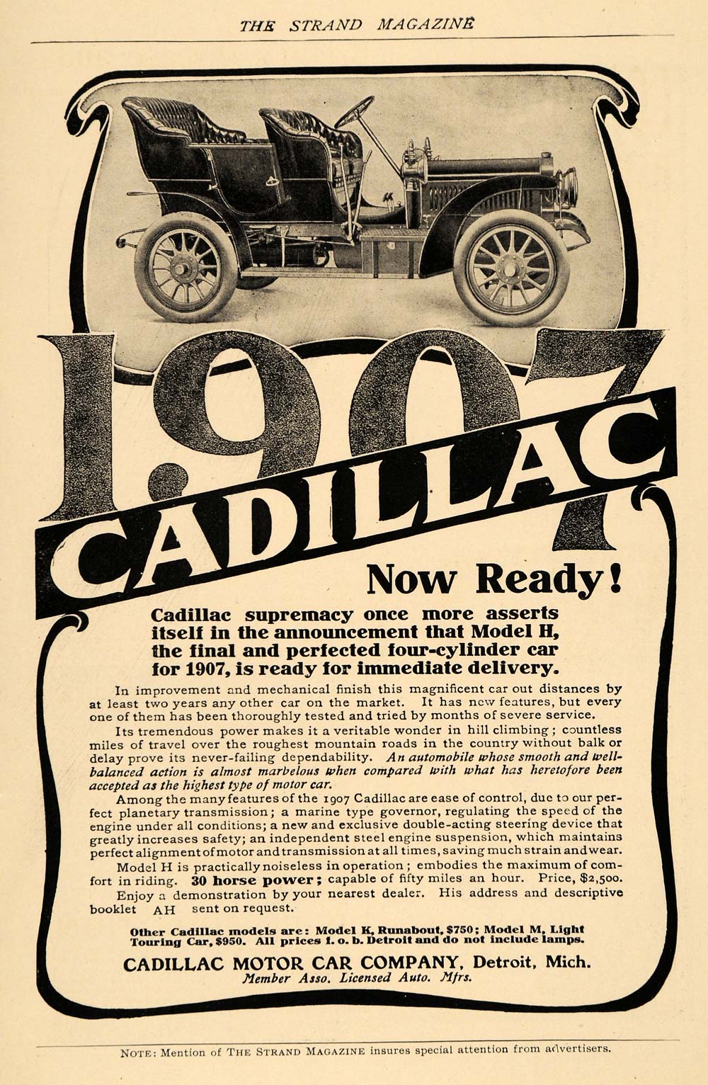 1906 Ad 1907 Model H Cadillac 30 HP Four Cylinder Car - ORIGINAL TSM1
