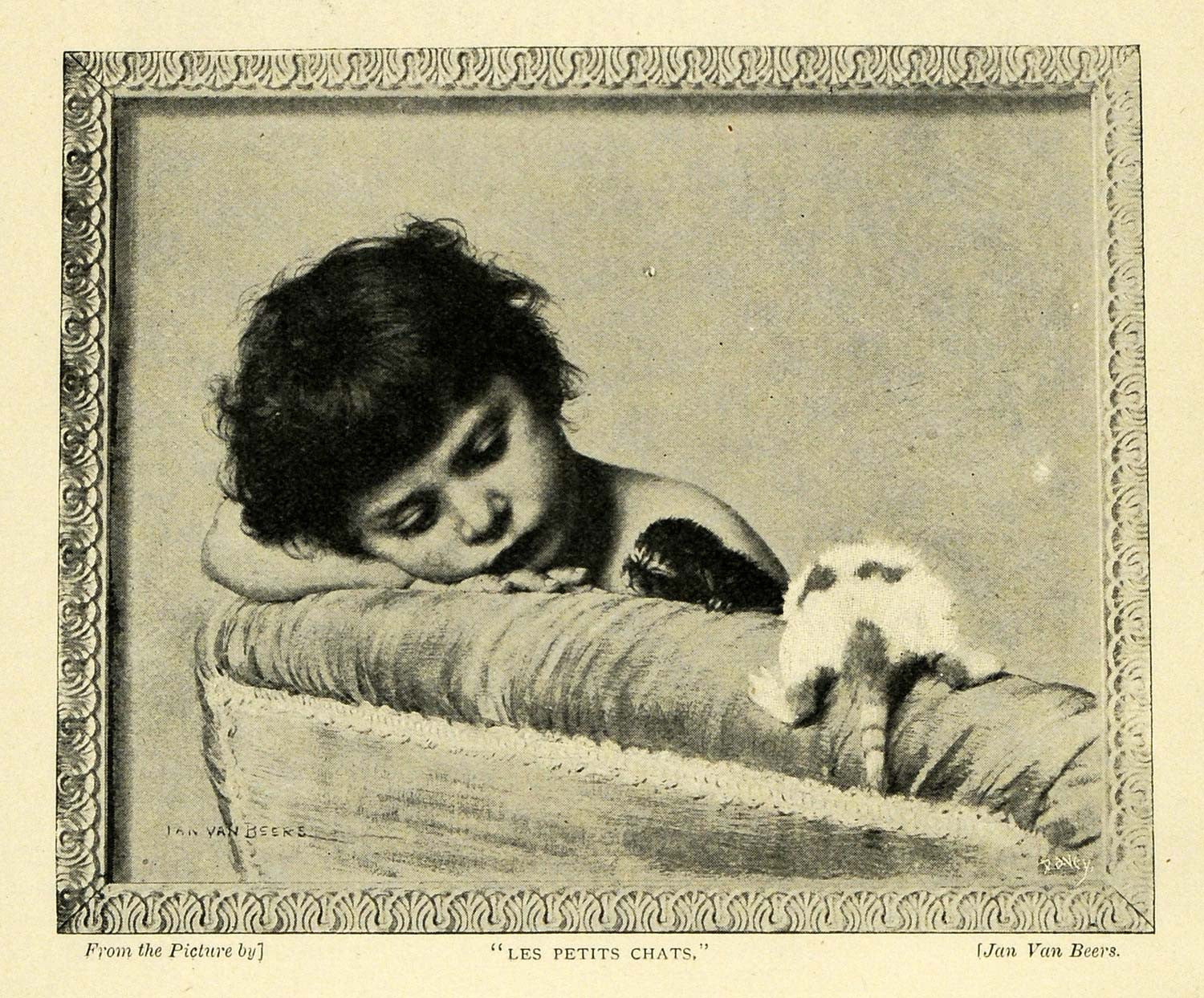 1898 Print Les Petits Chats Little Child Girl Talking Critters Jan Van TSM1 - Period Paper
