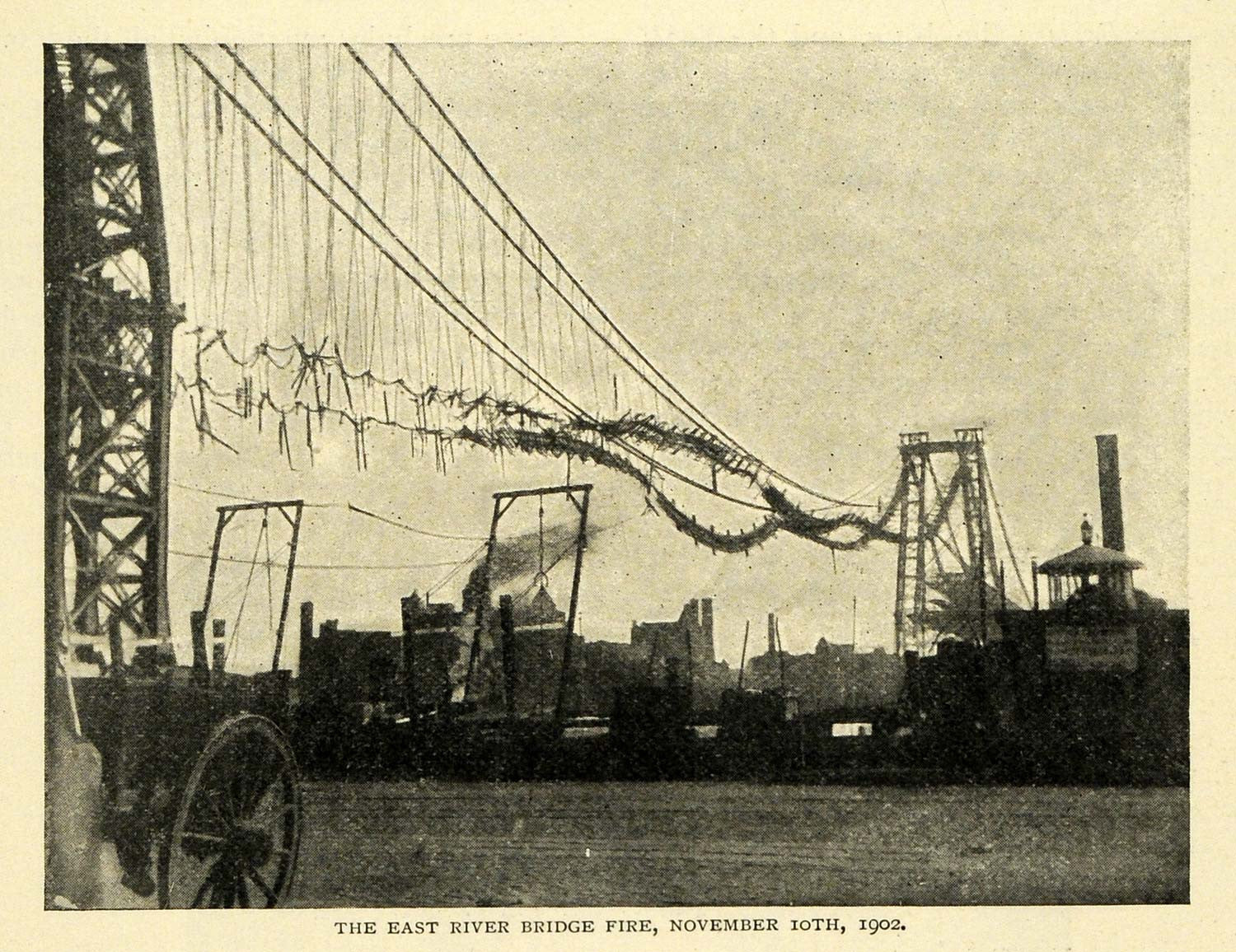 1904 Print Antique East River Bridge Williamsburg Fire Roebling Cable TSM1 - Period Paper
