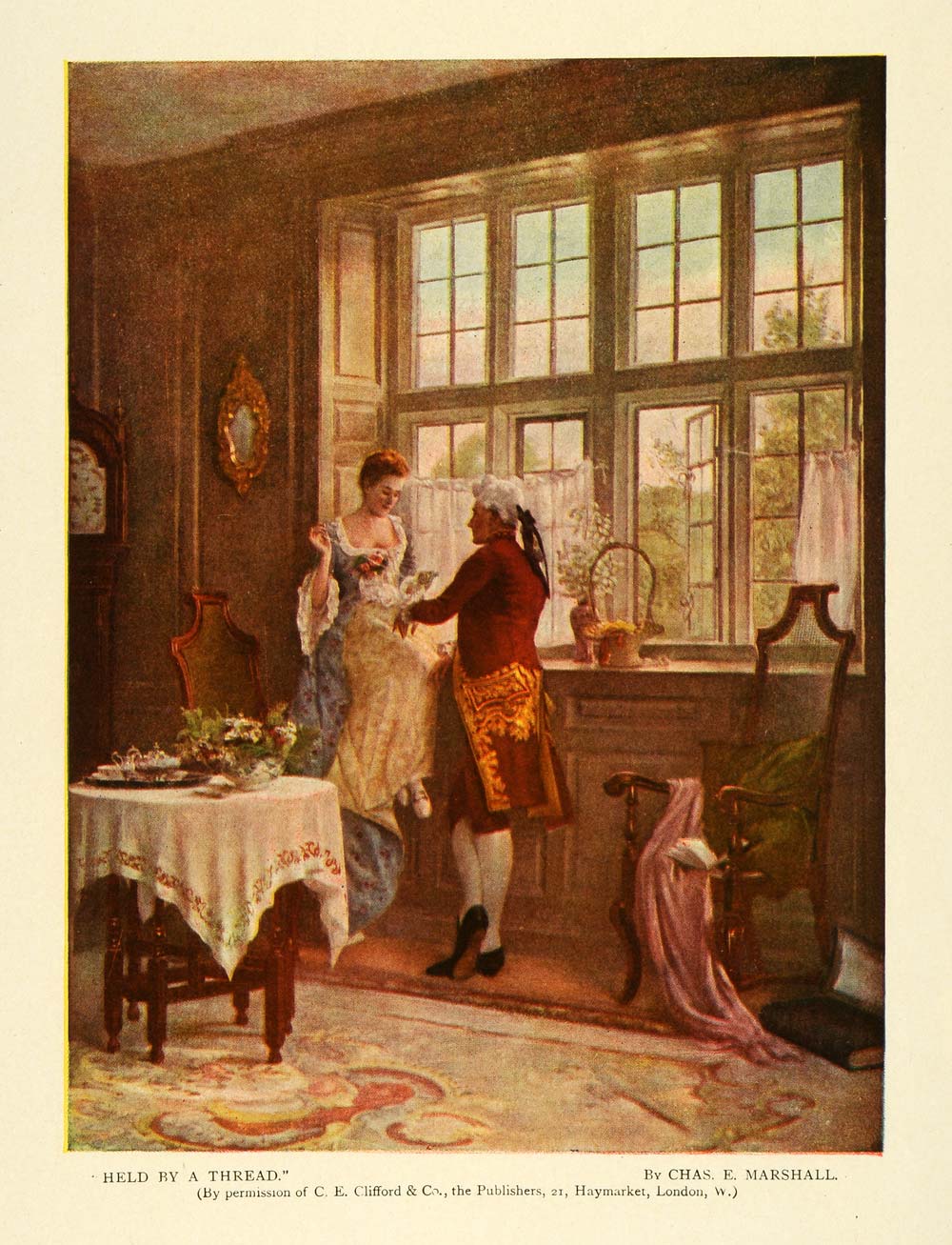 1907 Print Held by a Thread Romance Lovers Painter Charles Edward Marshall TSM1