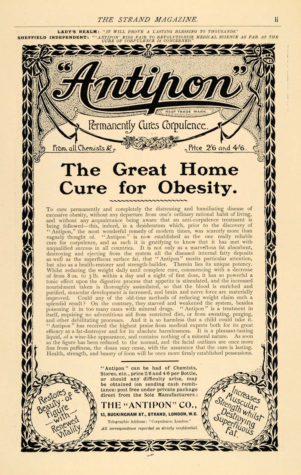 1904 Ad Antipon Obesity Home Cure 13 Buckingham Street - ORIGINAL TSM2