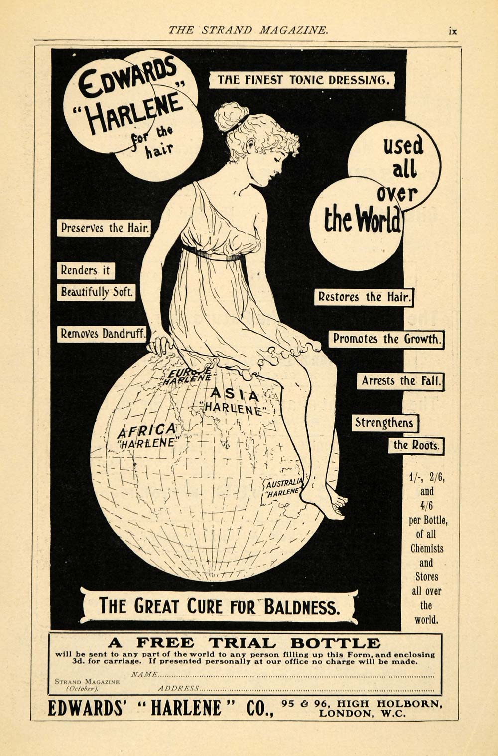 1904 Ad Edwards Harlene Baldness Cure Holborn London - ORIGINAL ADVERTISING TSM2