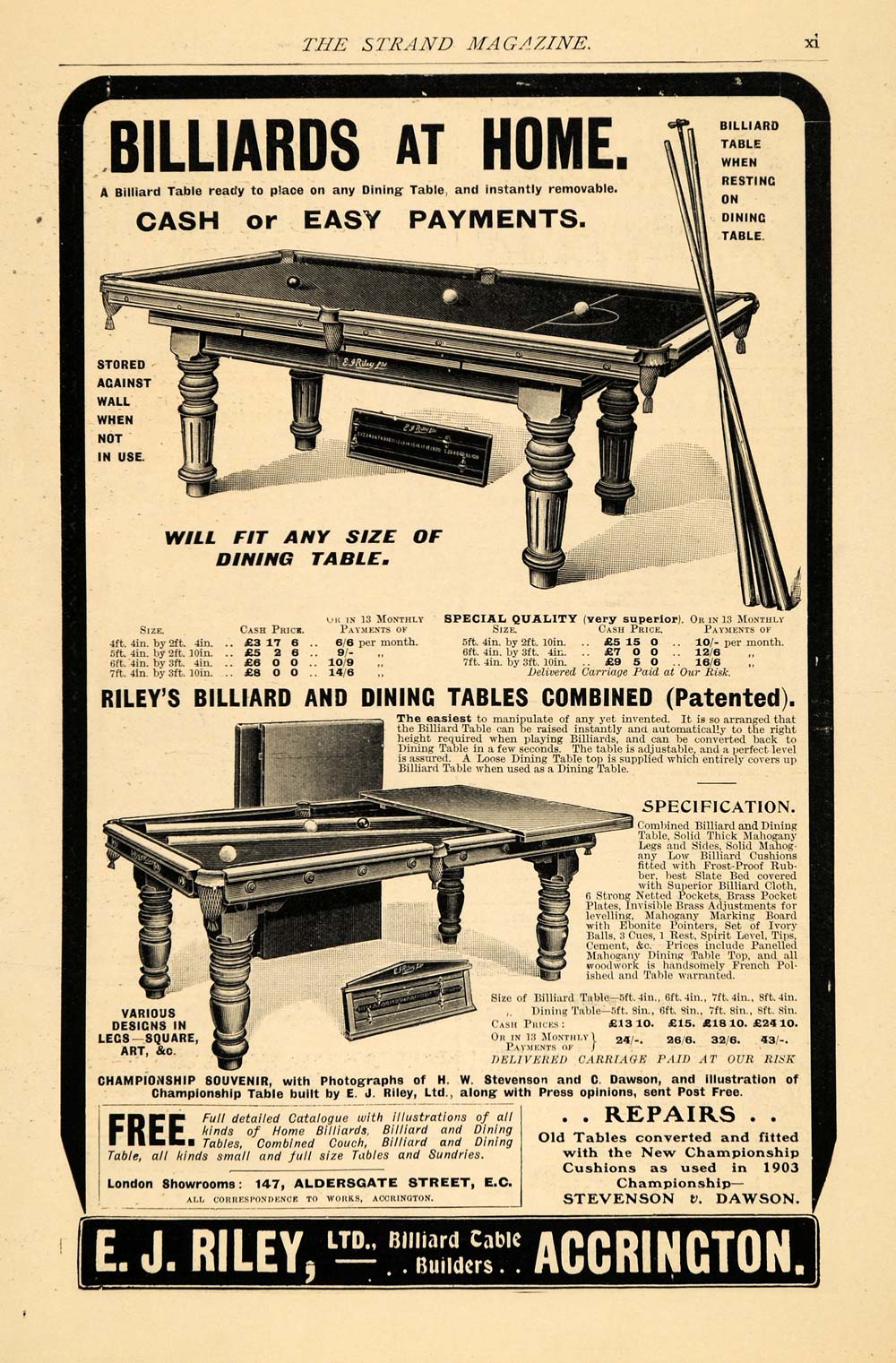 1903 Ad E. J. Riley Antique Billiard Tables Size Price - ORIGINAL TSM2