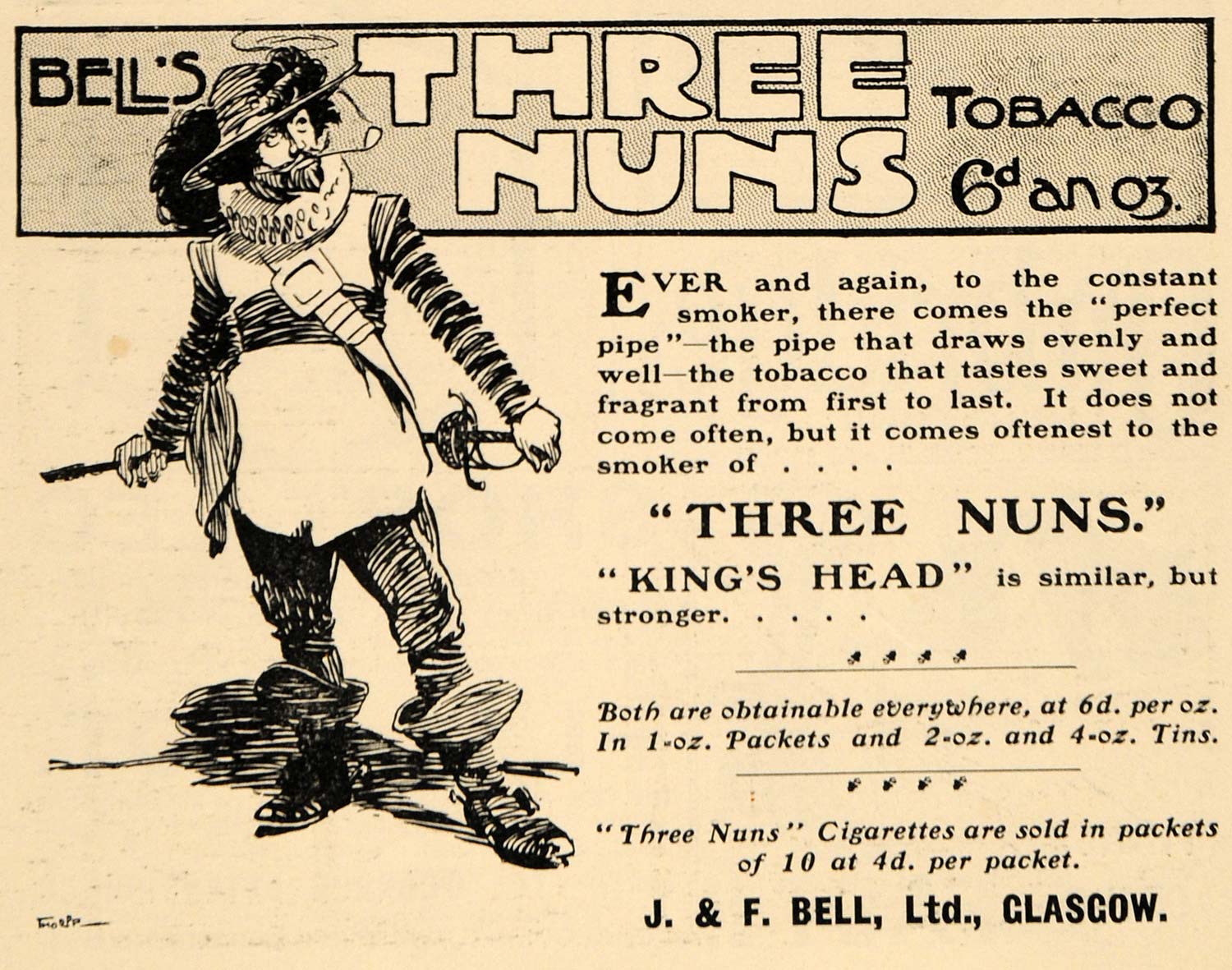 1903 Ad J & F Bell Three Nuns Tobacco & King's Head - ORIGINAL ADVERTISING TSM2