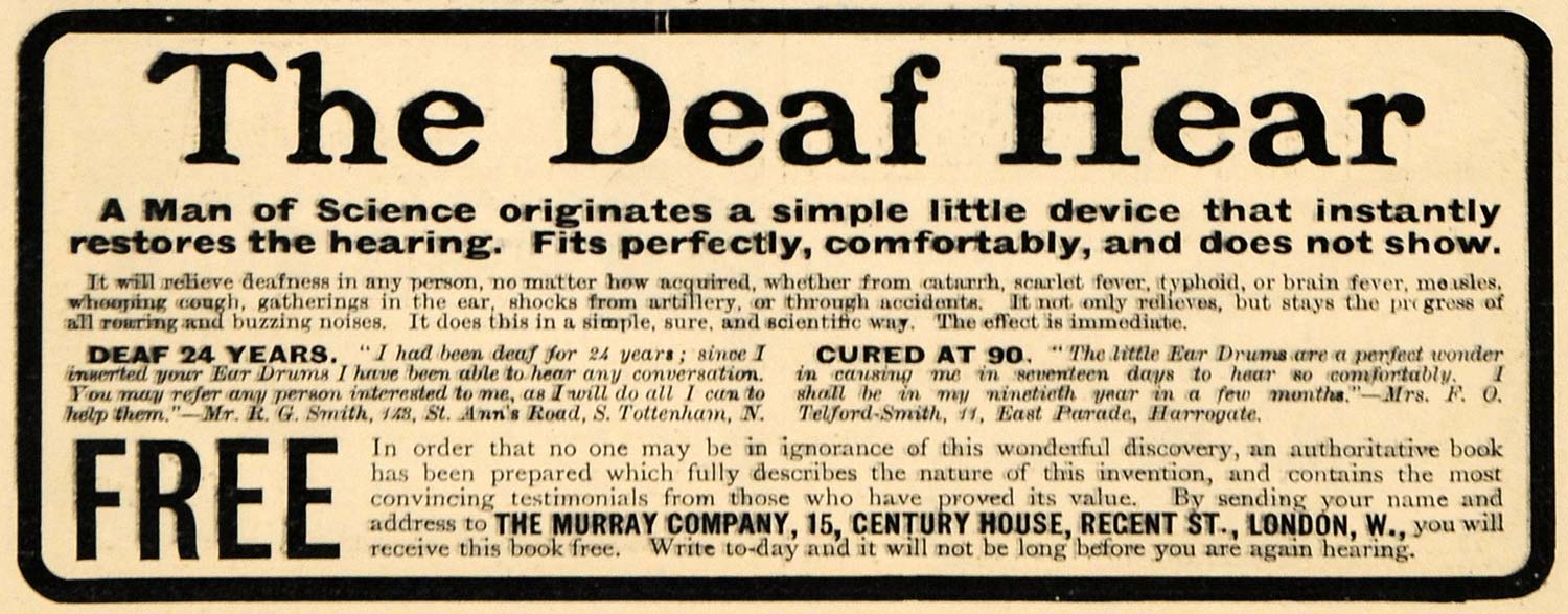 1903 Ad Murray Co. Cures Deafness Telford-Smith London - ORIGINAL TSM2