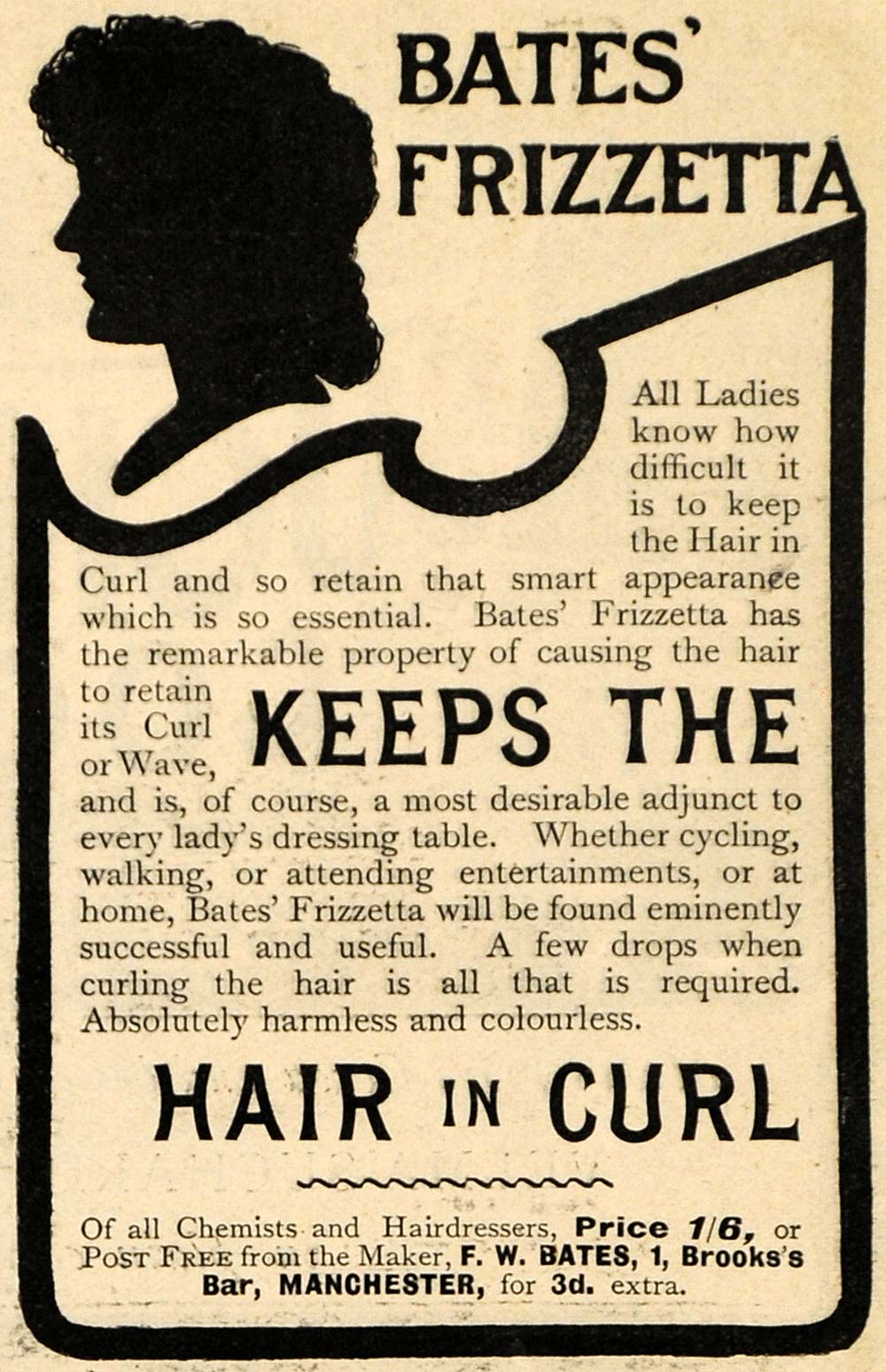 1903 Ad Bates' Frizzetta Drops Keeps Women's Hair Curly - ORIGINAL TSM2